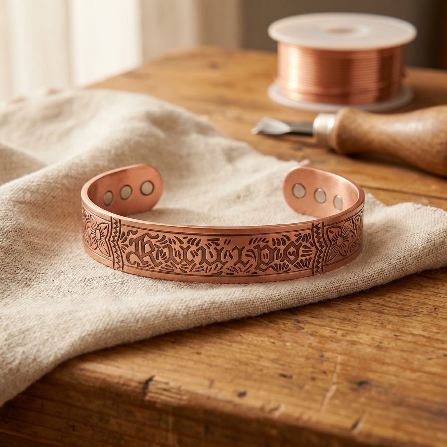 Pulseira Larga em Cobre com Letras Góticas Gravadas