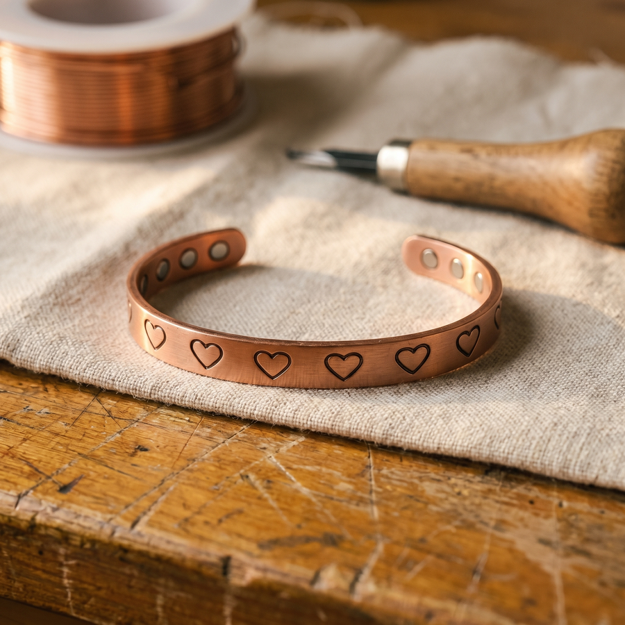 Pulseira em Cobre com Corações Gravados