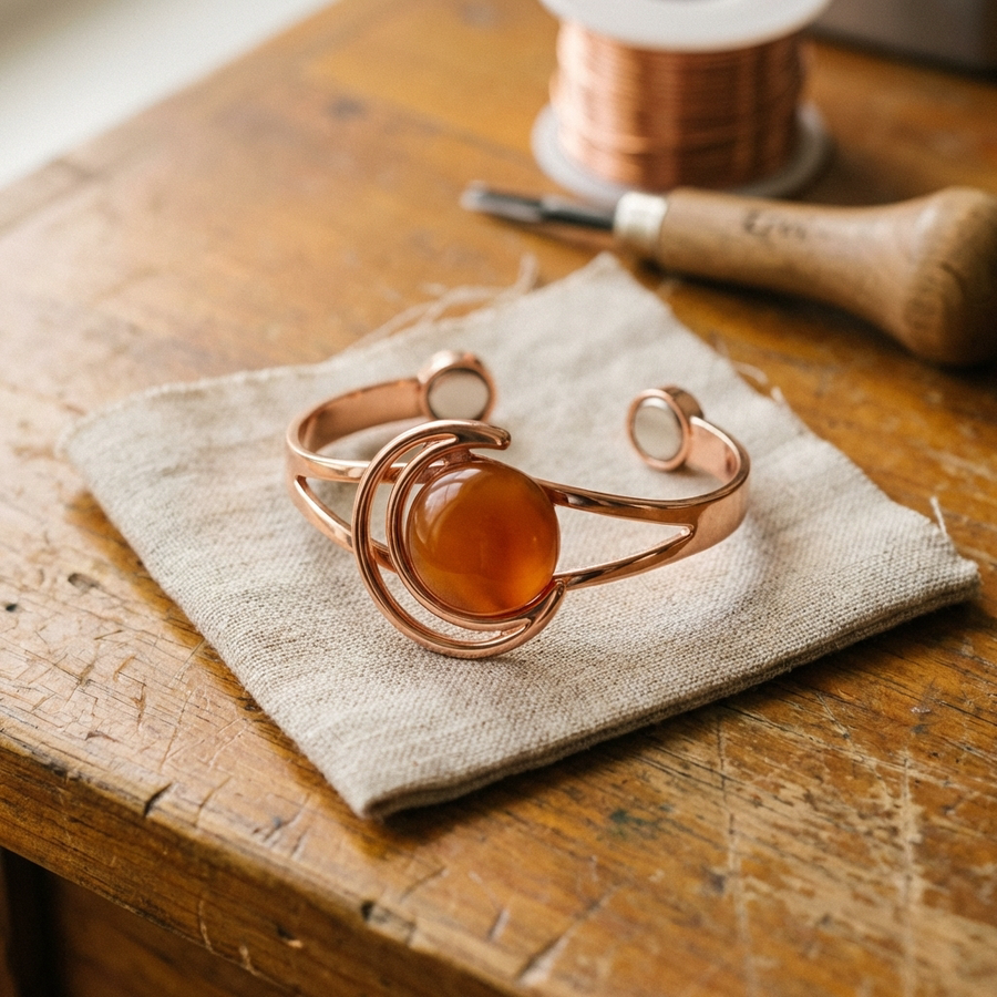Pulseira Rígida em Cobre com Âmbar