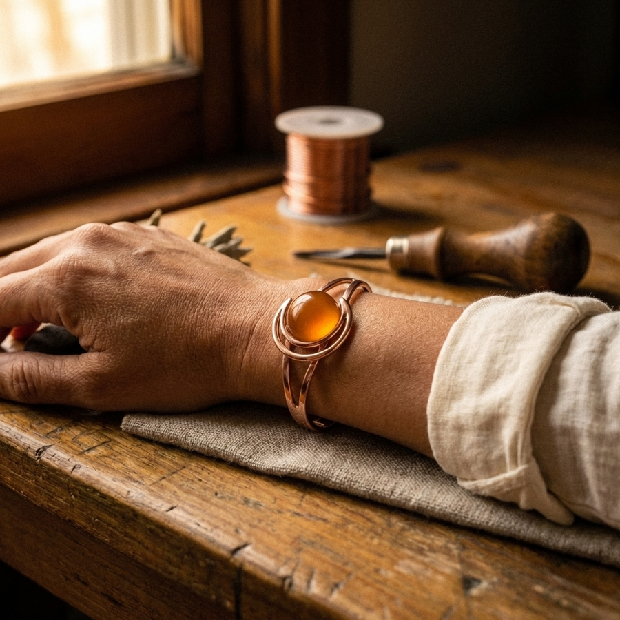 Pulseira Rígida em Cobre com Âmbar