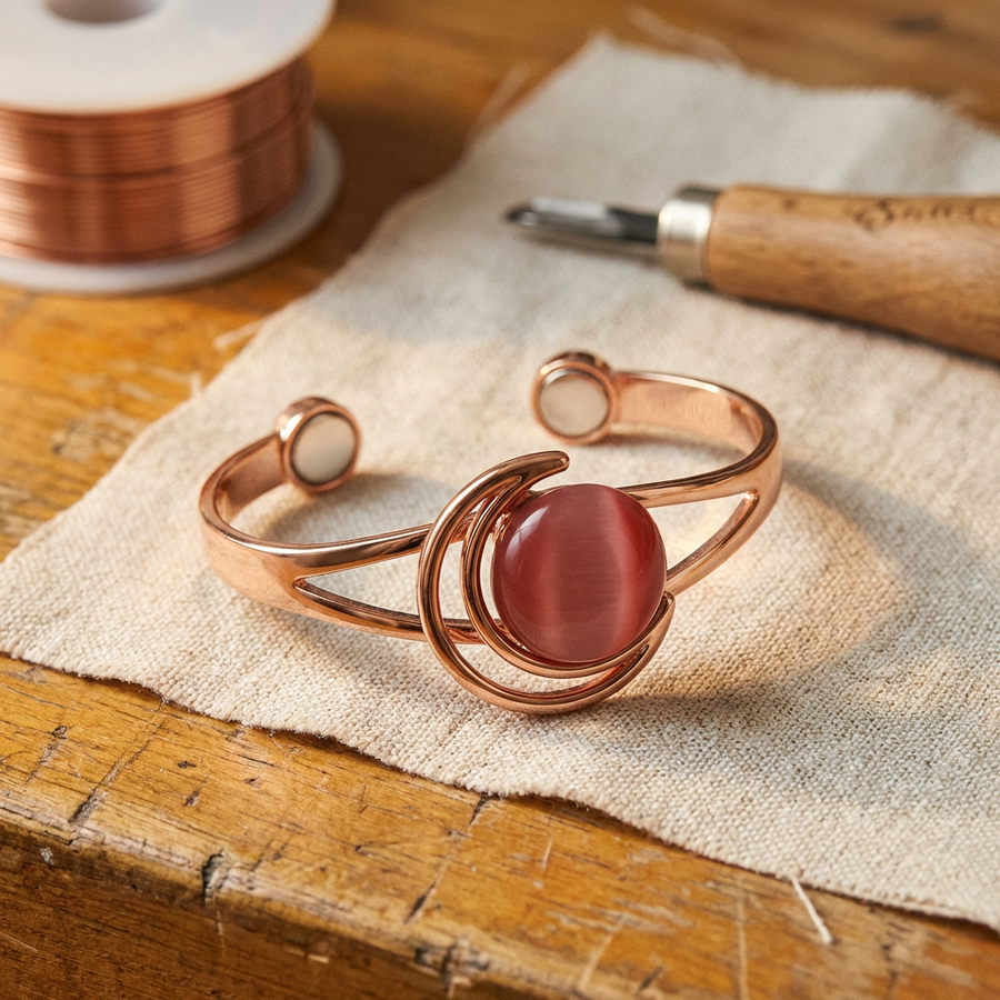 Pulseira Rígida em Cobre com Pedra Rosa