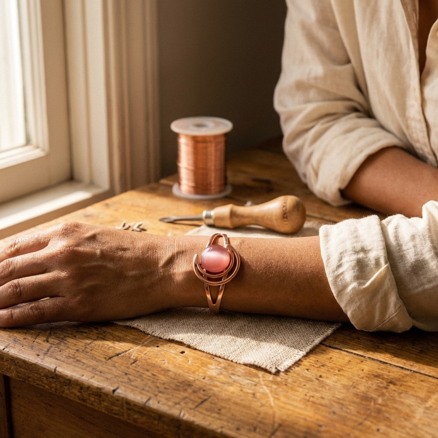 Pulseira Rígida em Cobre com Pedra Rosa