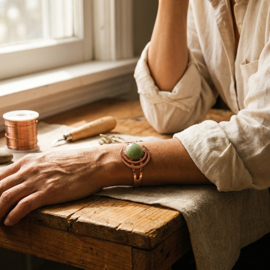 Pulseira Rígida em Cobre com Pedra Verde