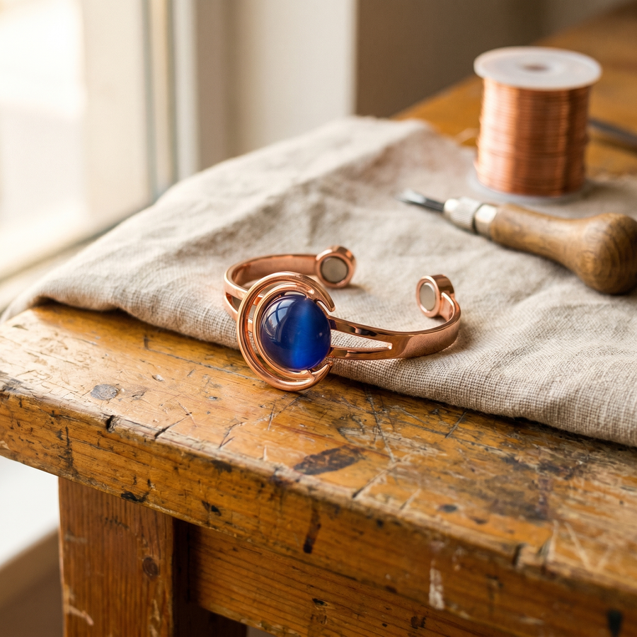 Pulseira Rígida em Cobre com Pedra Azul