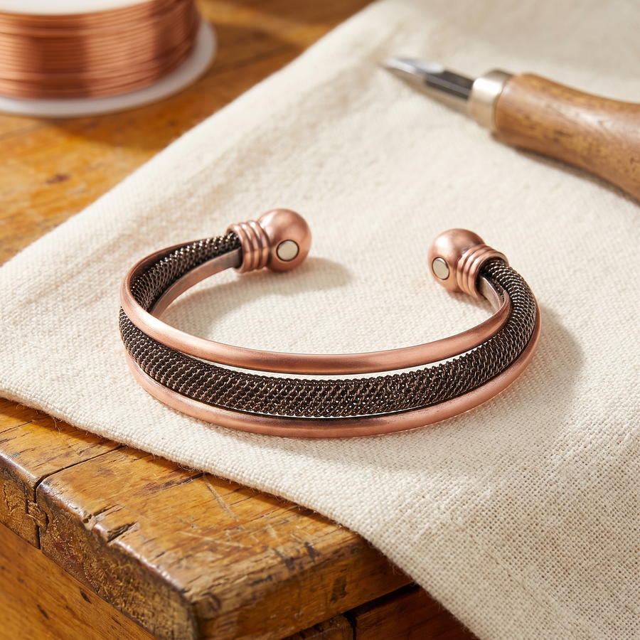 Pulseira de Malha em Cobre com Esferas