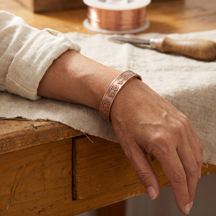 Pulseira em Cobre com Tratores Gravados