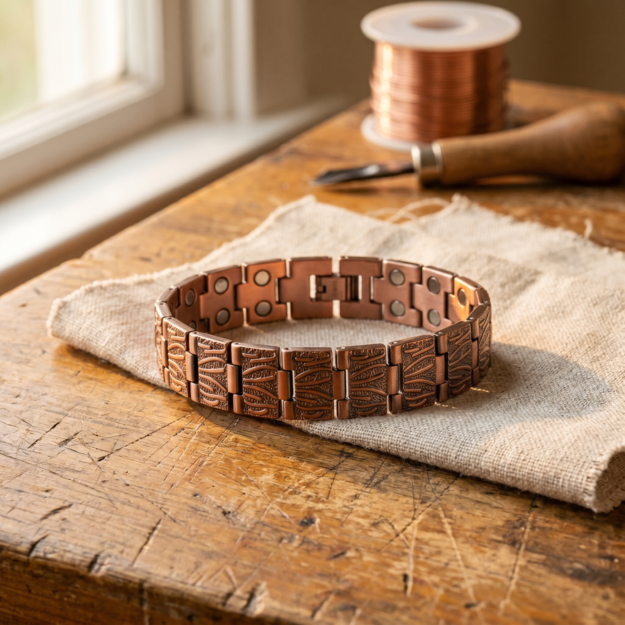 Pulseira de Elos em Cobre com Penas em Relevo | Homem