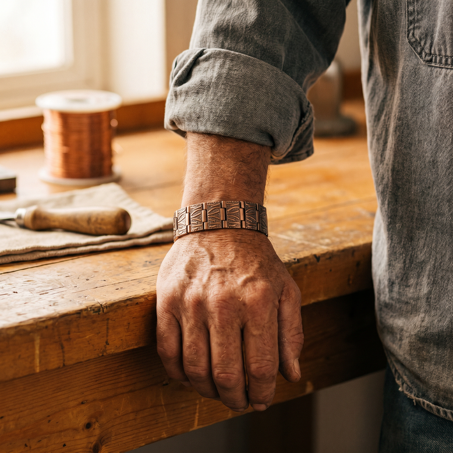 Pulseira de Elos em Cobre com Penas em Relevo | Homem