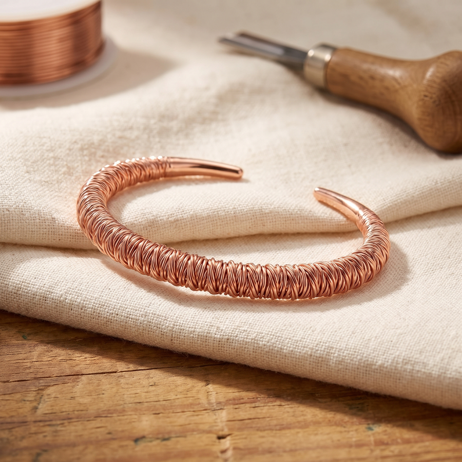 Pulseira Rígida de Fio Enrolado em Cobre