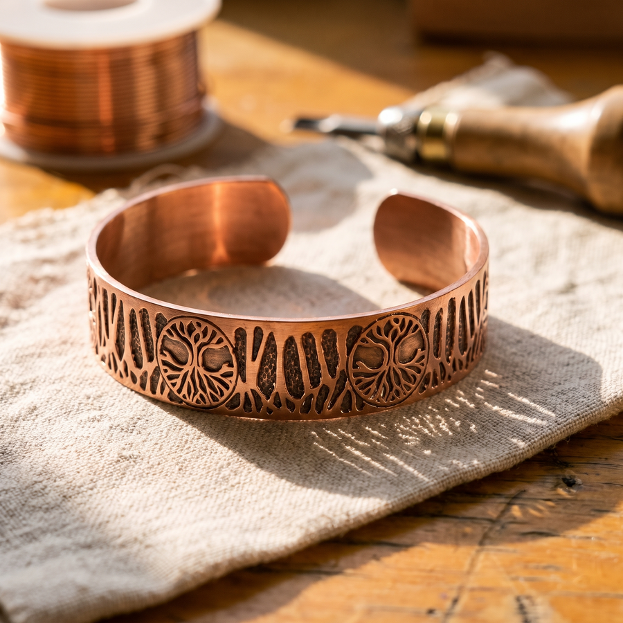 Pulseira Rígida Vazada em Cobre com Videira