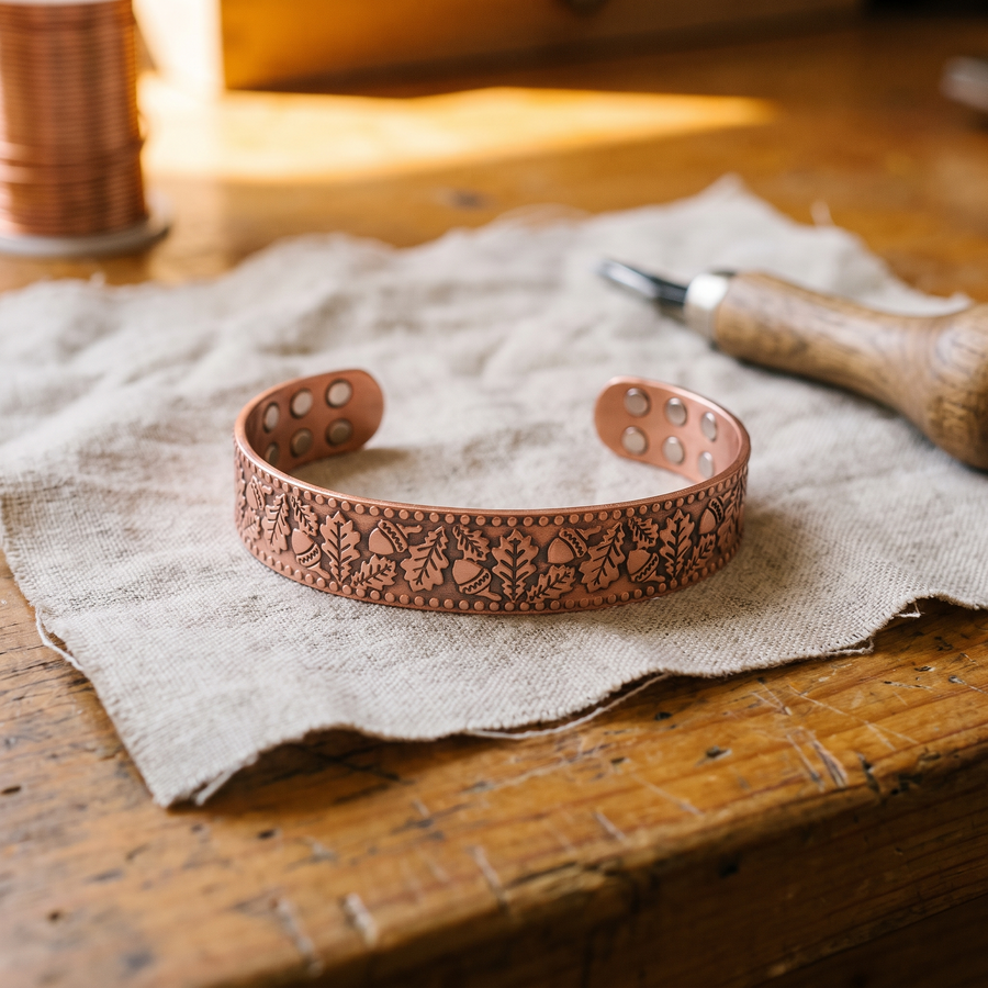 Pulseira Rígida Larga em Cobre com Folhas