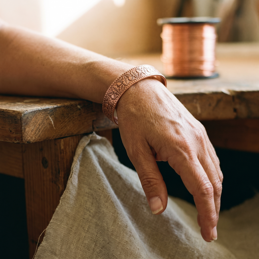 Pulseira Rígida Larga em Cobre com Folhas