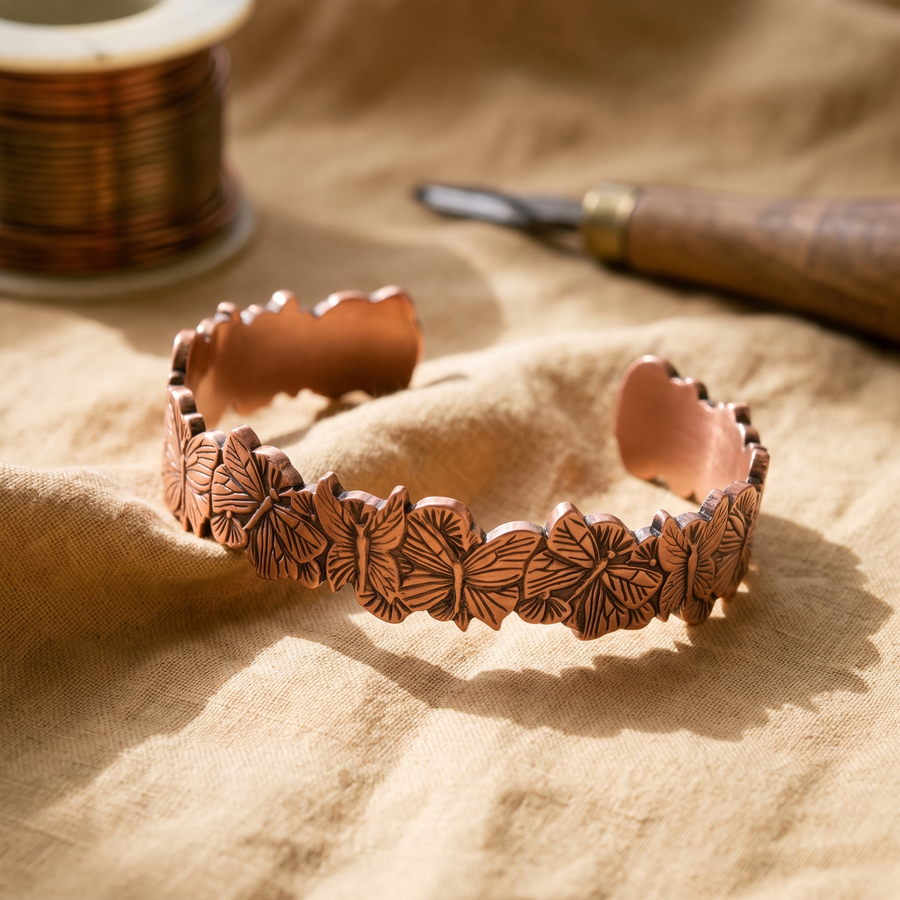 Pulseira Rígida em Cobre com Borboleta em Relevo