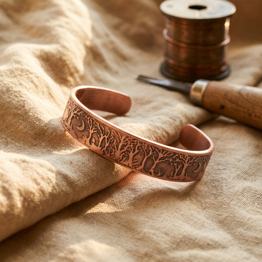 Pulseira Rígida em Cobre com Árvore em Relevo
