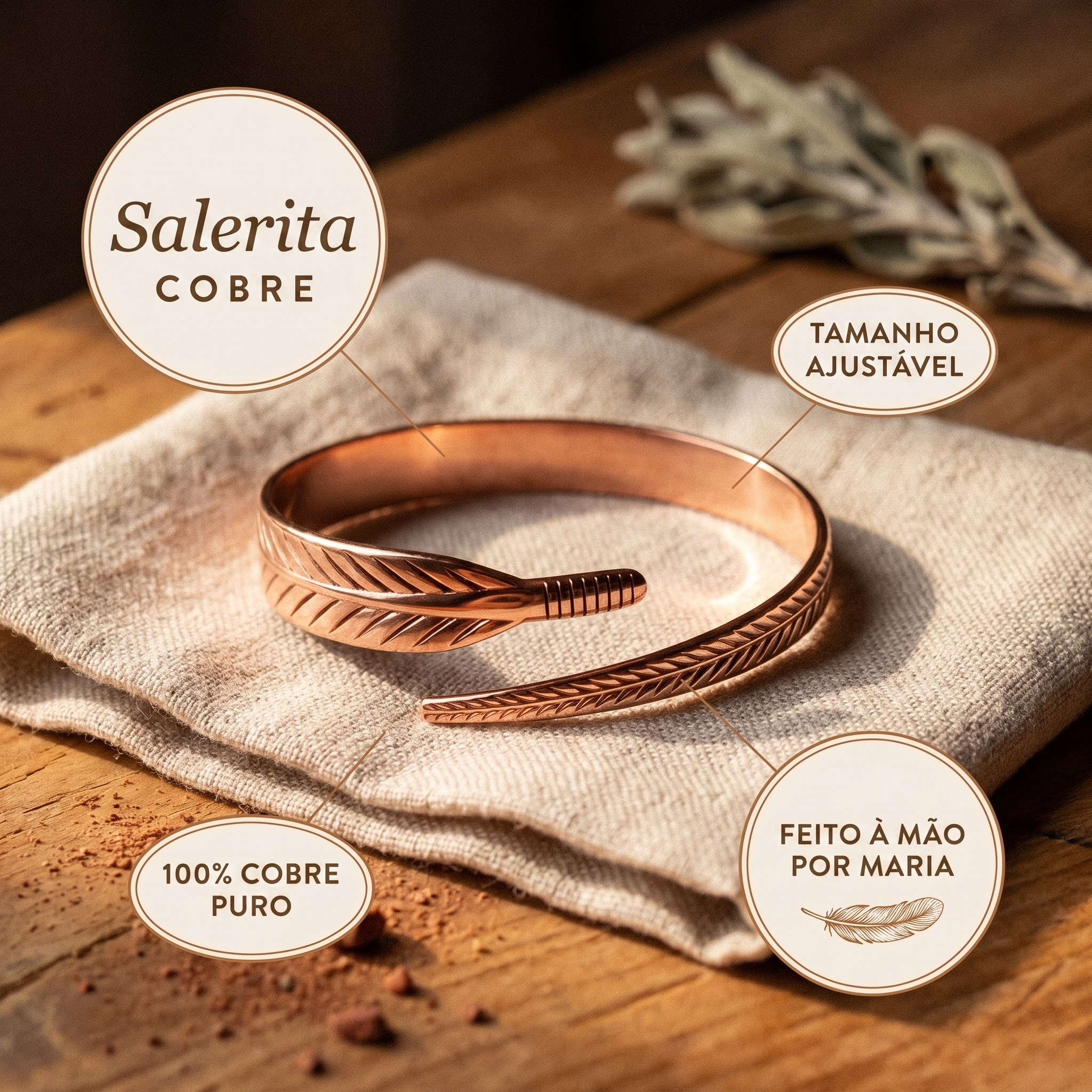 Pulseira em cobre com pena gravada, tamanho ajustável, 100% cobre puro