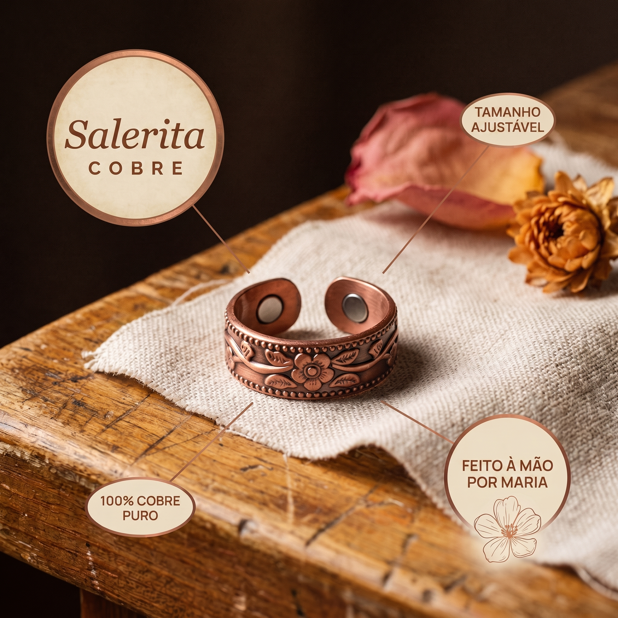 Anel em cobre com flores e contas, 100% cobre puro, tamanho ajustável