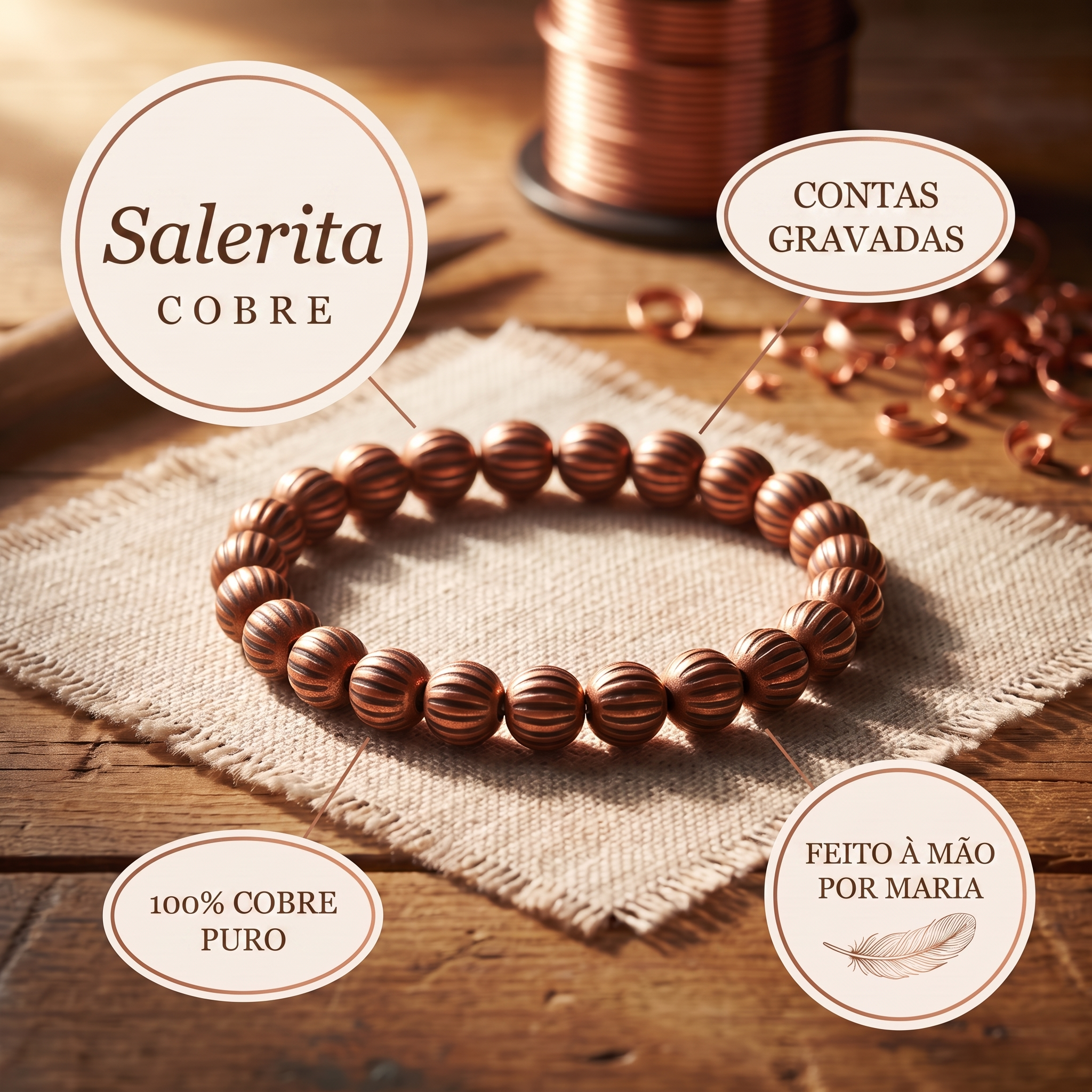 Pulseira de contas em cobre com textura riscada, 100% cobre puro