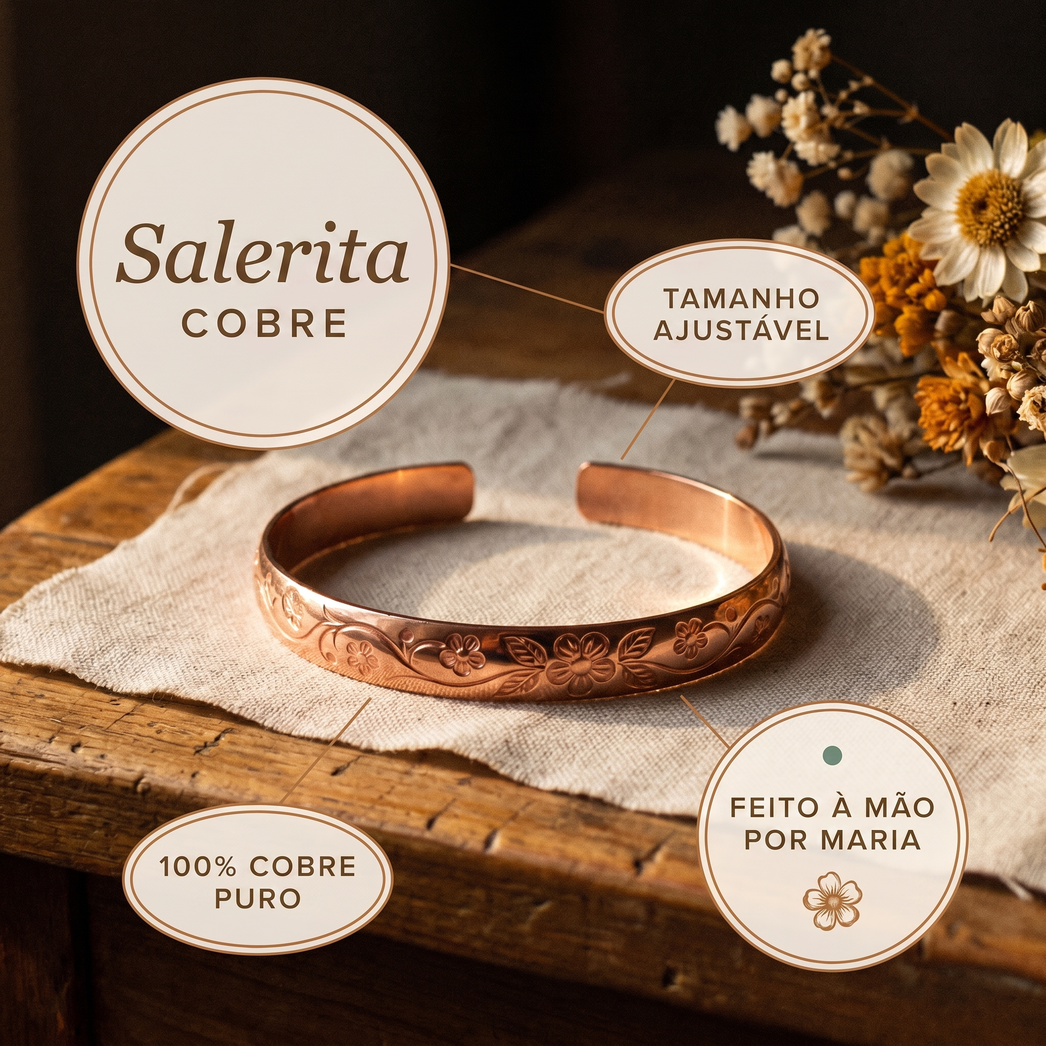 Pulseira em cobre com flores e videira gravadas, 100% cobre puro