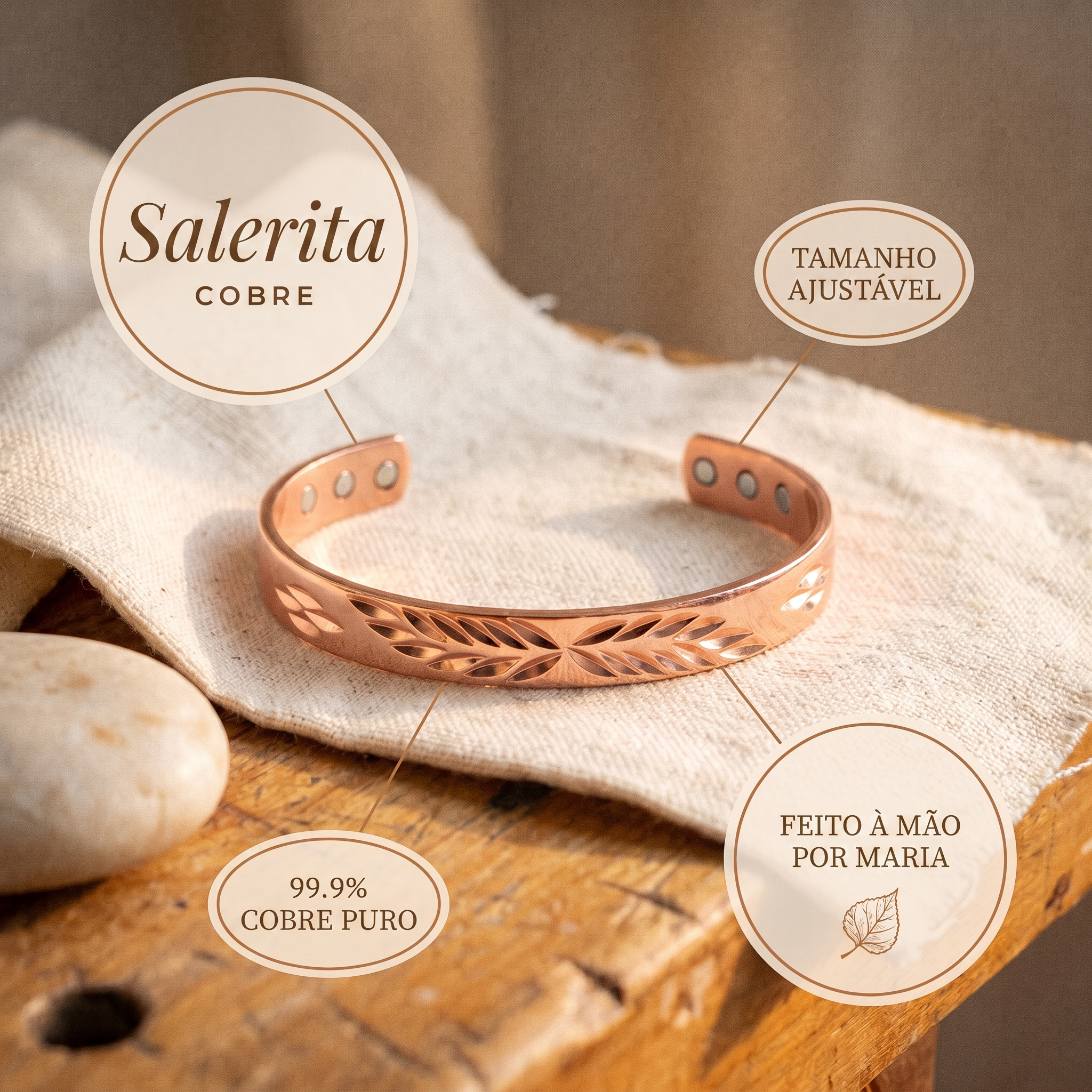 Pulseira rígida vazada em cobre com folhas, tamanho ajustável