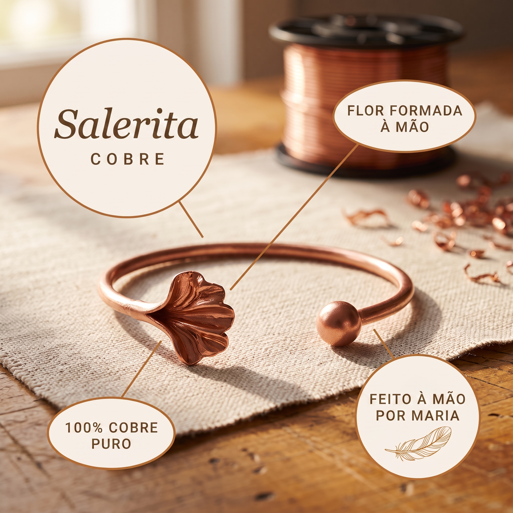 Pulseira em cobre com flor na extremidade, 100% cobre puro