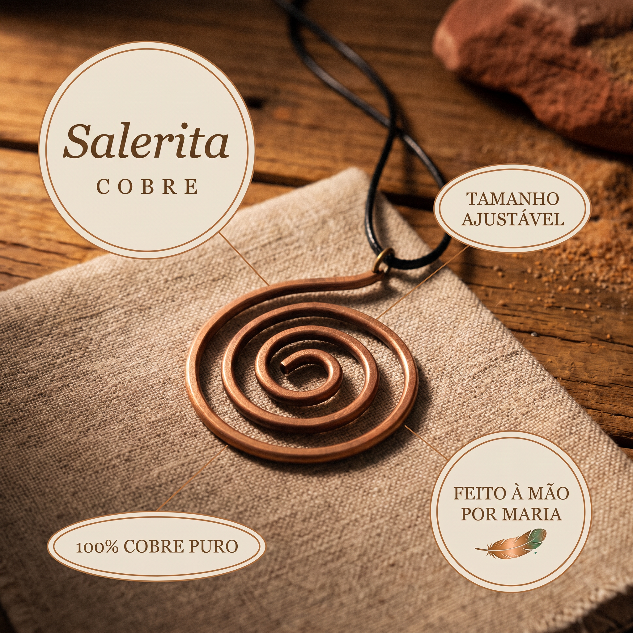 Colar em cobre com espiral, 100% cobre puro