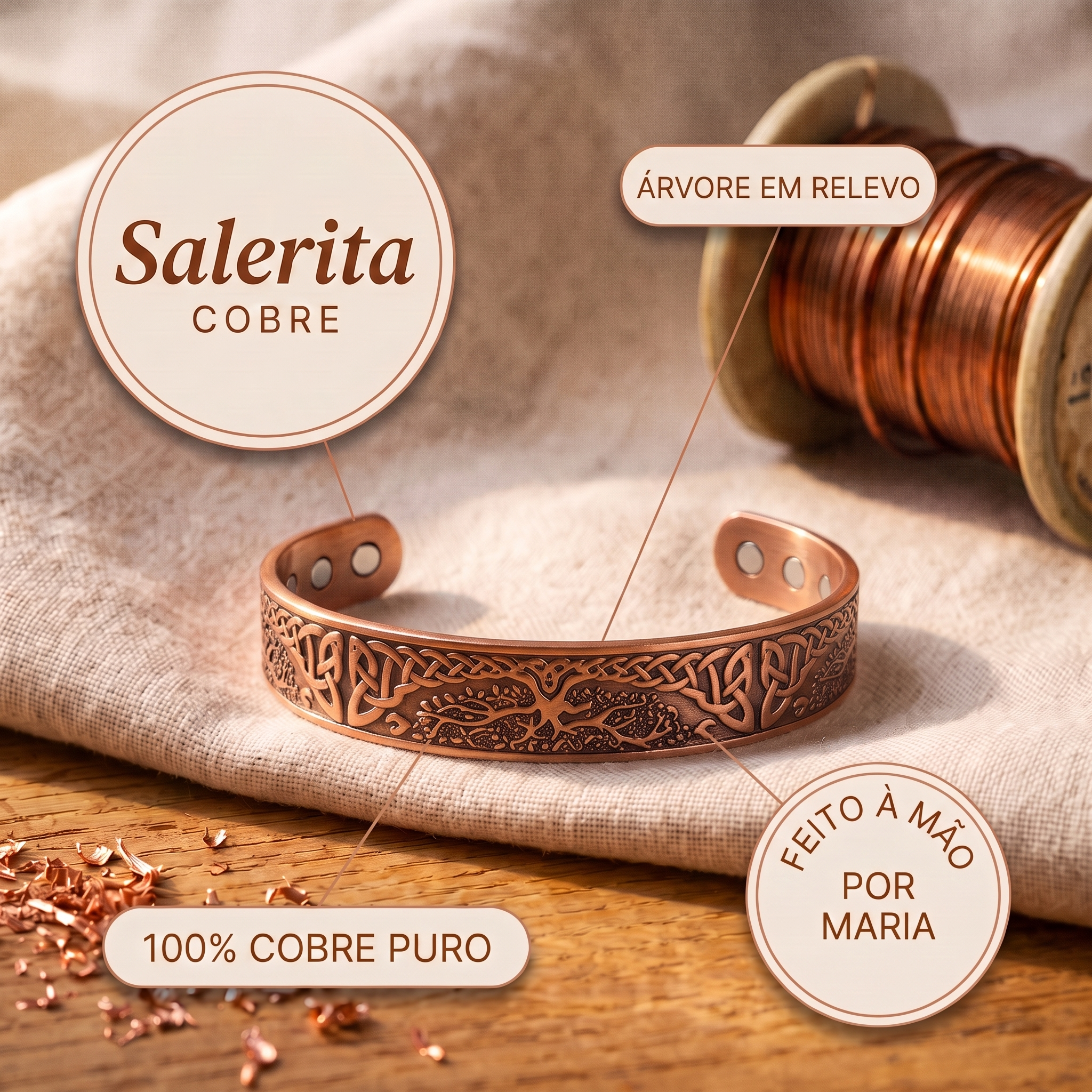 Pulseira rígida em cobre com Árvore da Vida em relevo — 100% cobre puro