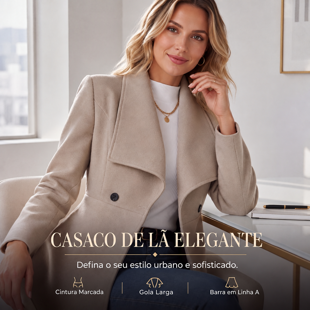 Casaco de lã elegante — cintura marcada, gola larga, barra em linha A