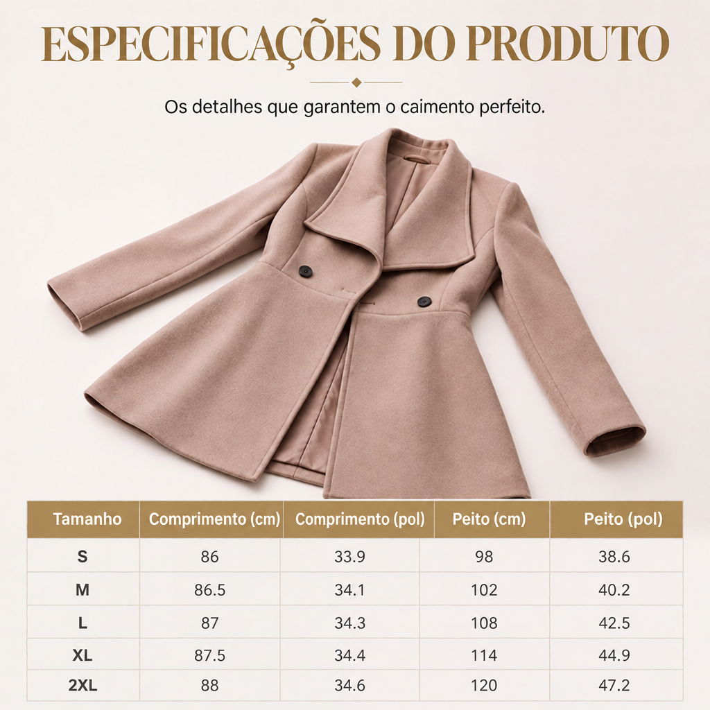 Especificações do produto — medidas por tamanho