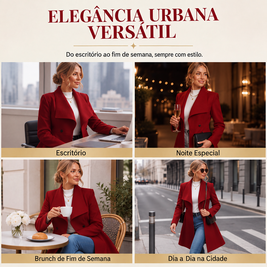 Elegância urbana versátil — casaco vermelho em quatro ocasiões