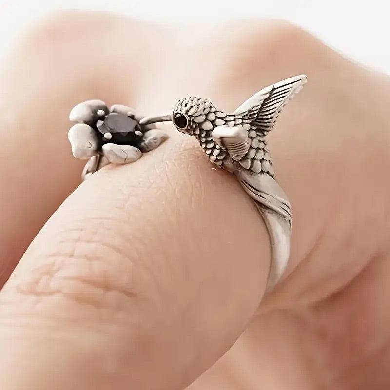 Bague Colibri et Fleur – Bague Ouverte Ajustable pour Femme