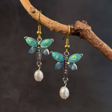 Boucles d'oreilles papillon vintage en opale verte et perles