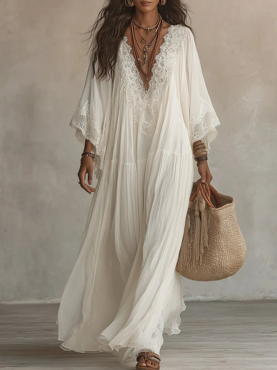 Nídia | Vestido Comprido em Chiffon com Mangas Morcego e Renda