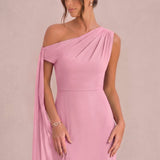 Cristina | Vestido de dama de honor tubinho em chiffon com drapeado nos ombros