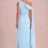 Cristina | Vestido de dama de honor tubinho em chiffon com drapeado nos ombros