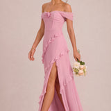 Clarisse | Vestido de dama de honor em chiffon com ombros descobertos e aplicações florais 3D