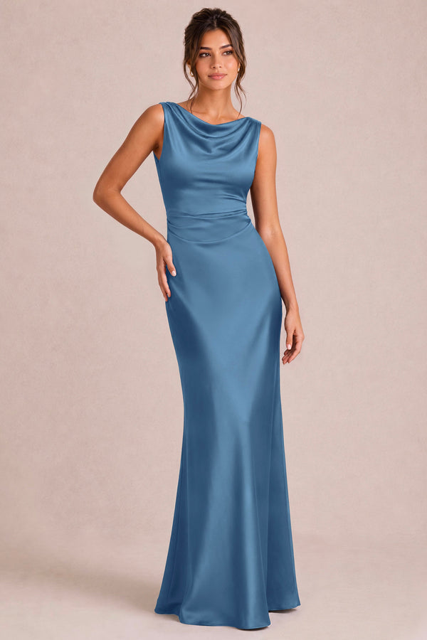 Liliana Azul Ardósia | Vestido comprido costas descobertas em cetim mate com decote suave