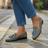 Nadia | Mocassins Leopardo Preto e Branco com Borlas Azul-Claro
