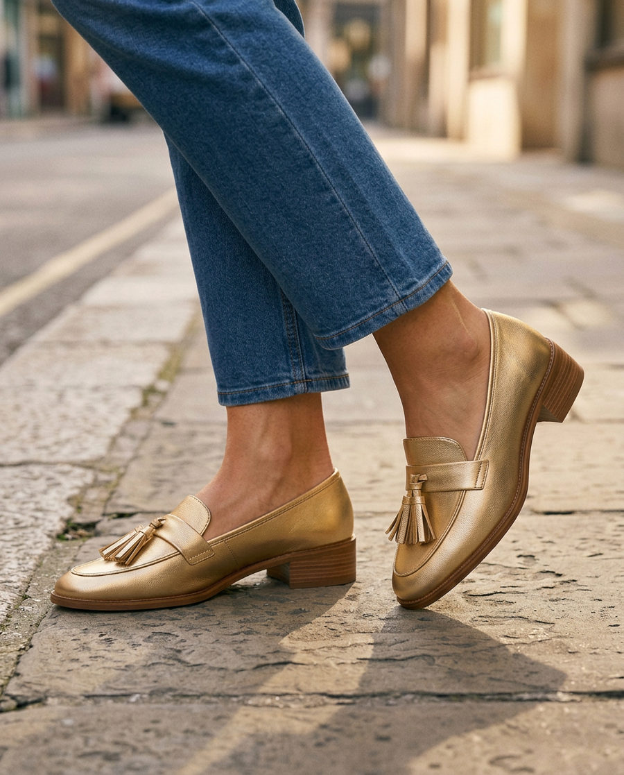 Doroteia | Mocassins Dourados com Borlas
