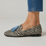 Nadia | Mocassins Leopardo Preto e Branco com Borlas Azul-Claro