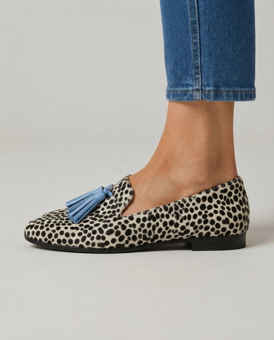Nadia | Mocassins Leopardo Preto e Branco com Borlas Azul-Claro