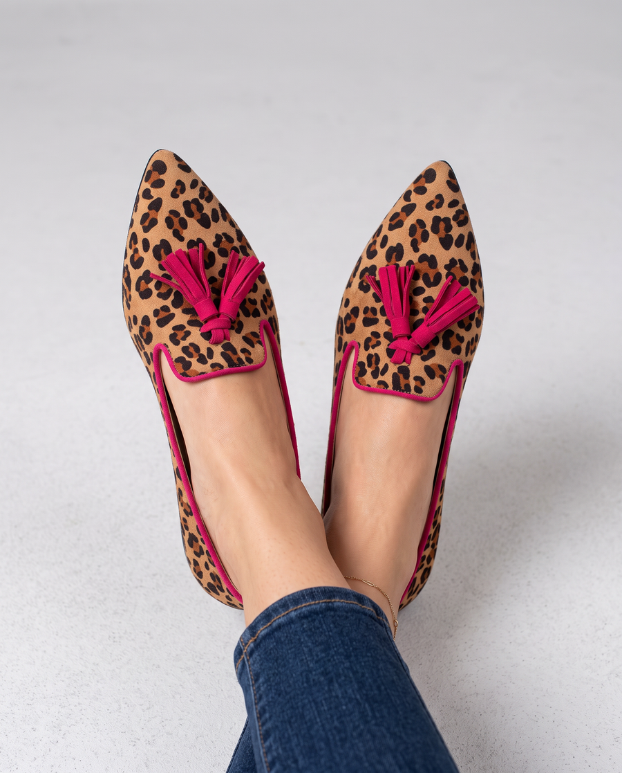 Genoveva | Mocassins Leopardo Efeito Camurça com Borlas Fúcsia