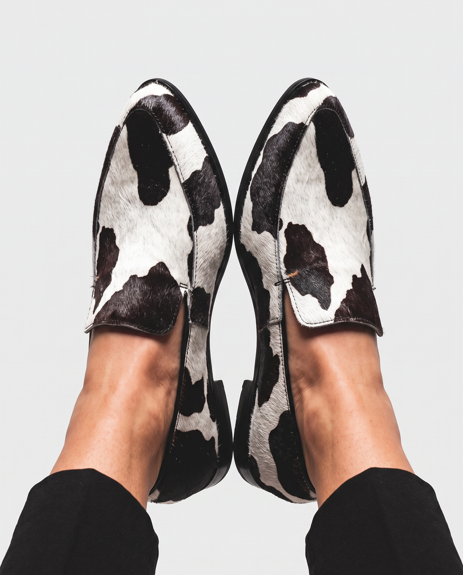 Bruna | Mocassins Padrão Vaca com Sola Vermelha