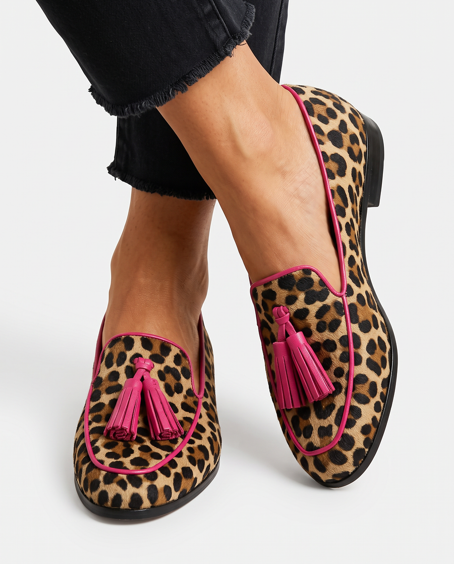 Fiamma | Mocassins Leopardo com Debruns e Borlas Fúcsia