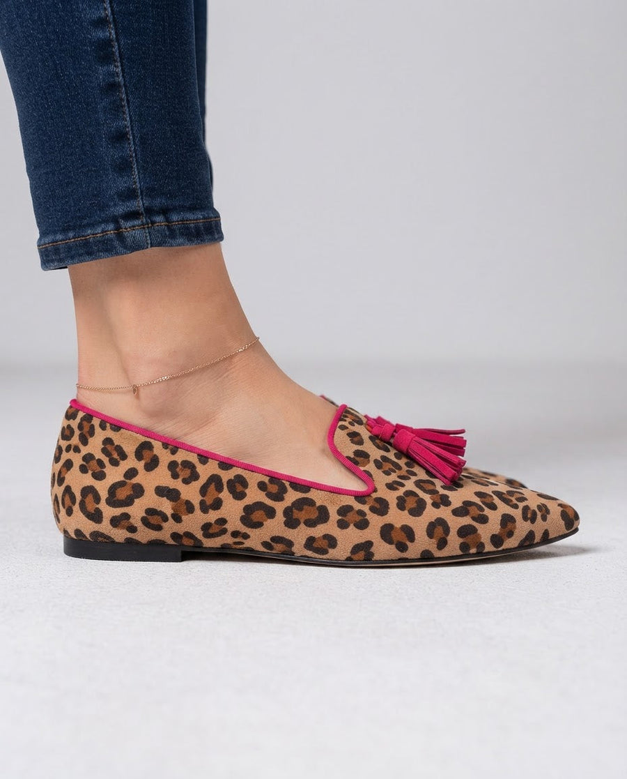 Genoveva | Mocassins Leopardo Efeito Camurça com Borlas Fúcsia