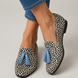 Nadia | Mocassins Leopardo Preto e Branco com Borlas Azul-Claro