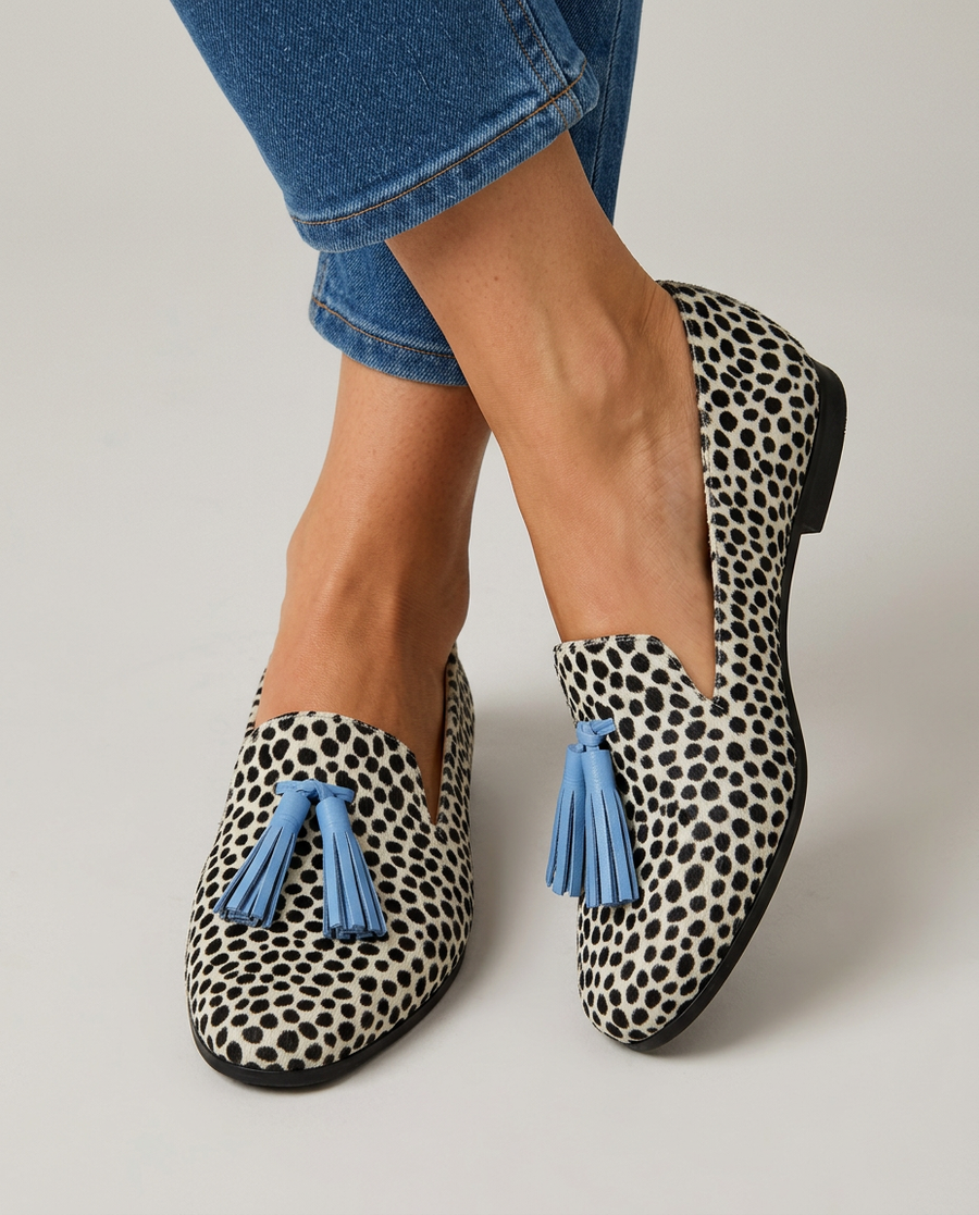 Nadia | Mocassins Leopardo Preto e Branco com Borlas Azul-Claro
