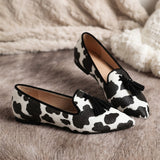 Genoveva | Mocassins Padrão Vaca Preto e Branco com Borlas Pretas