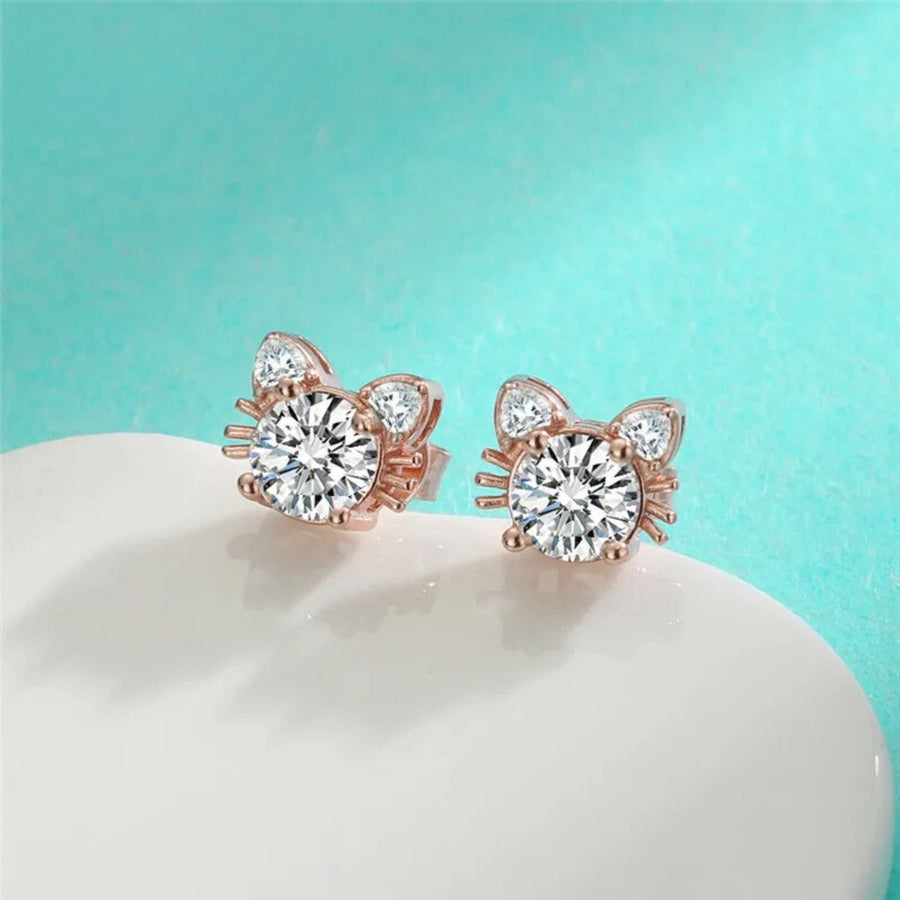 Brincos Gato em Moissanite Ouro Rosa, em Prata de Lei 925
