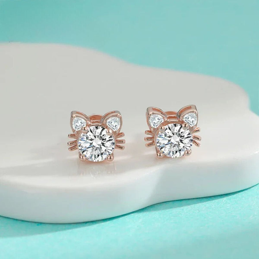 Brincos Gato em Moissanite Ouro Rosa, em Prata de Lei 925