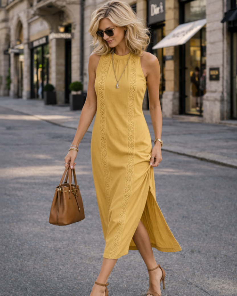 Mustard Yellow Lace Halter Midi Dress – Editorial Fashion